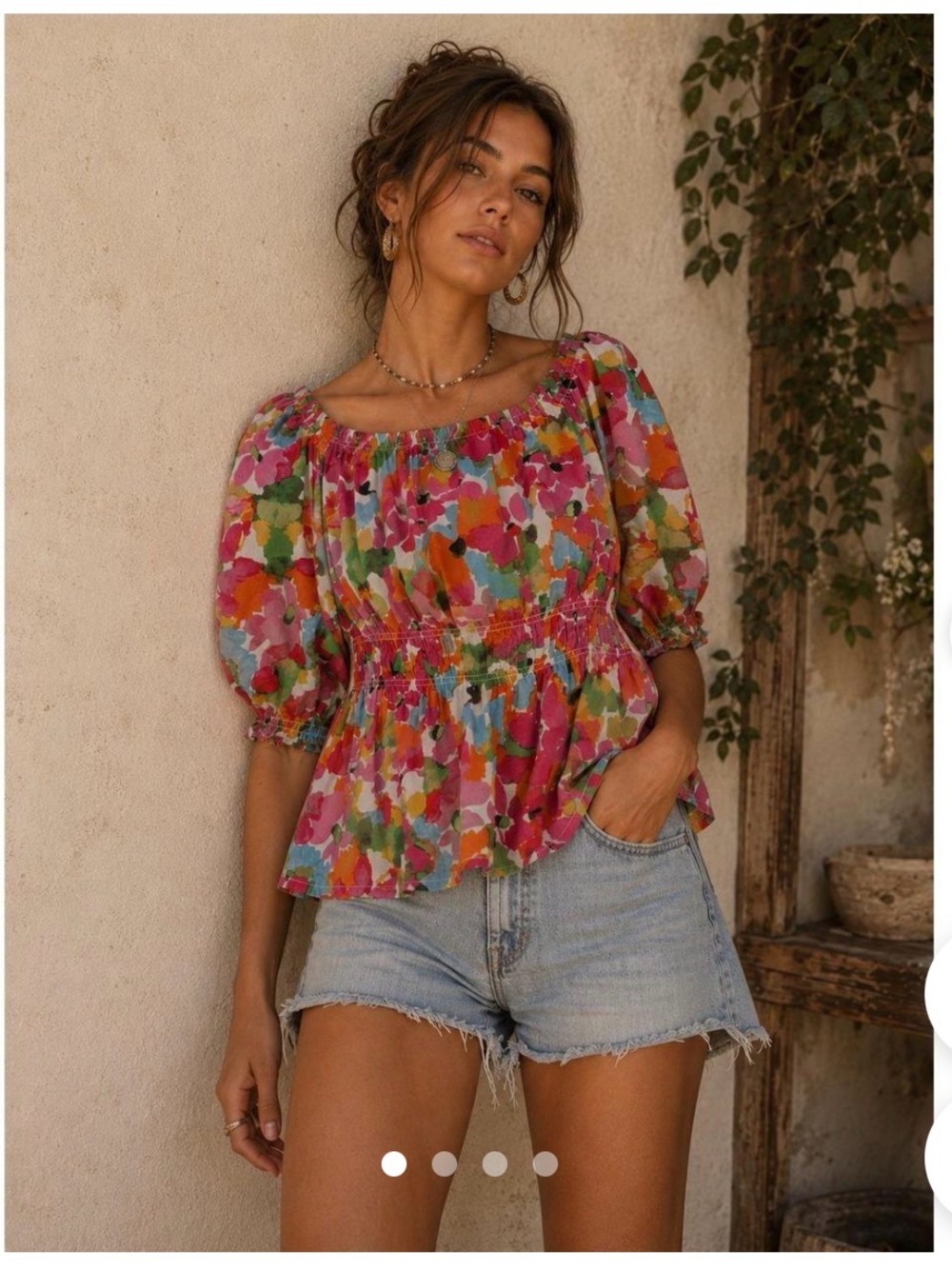 Sanctuary Floral  Smocked Waist Puff Sleeve Top - Multicolor